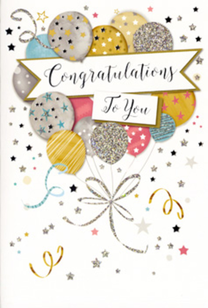 In this image, a beautifully designed congratulations card is positioned as though ready to be paired with fresh flowers for delivery around Virginia Water. The artwork features a generous cluster of illustrated balloons, layered one in front of another to create depth, giving the impression that they're lifting slowly into a clear Surrey sky. Their colours form a soft, harmonious palette of warm gold, cool silver, champagne, blush pink, delicate sky blue, and light grey. Each balloon is embellished with fine metallic detailing-scattered stars, slender stripes, and small glittering specks that catch and reflect light like the gentle shimmer on Virginia Water Lake on a bright afternoon. The ribbons trailing from the balloons are rendered in flowing, metallic gold and silver lines, curling loosely at the bottom like the relaxed yet intentional finish of a hand-tied bouquet. Around the main cluster, the background is dotted with tiny stars, streamers, and confetti-like sprinkles, all in softly shimmering tones that bring energy and celebration without feeling busy. Across the centre stretches a refined banner, carrying the words Congratulations To You in elegant, cursive script that adds a sense of formality and thoughtfulness, as if the card were chosen with care for a significant milestone. The entire composition feels uplifting and polished, suitable for honouring achievements large and small-a new job in town, a graduation, or a special anniversary celebrated in Virginia Water. The gentle metallic sheen and pastel colours create an atmosphere of understated luxury, making this card an ideal companion to a chic congratulatory bouquet.
