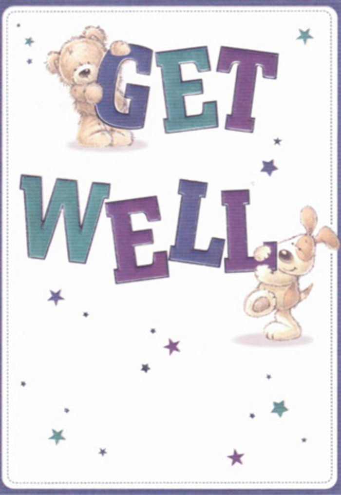Brimming with gentle reassurance and a playful spirit, this Virginia Water get well card captures the heart of local kindness. A fluffy bear and an eager puppy share centre stage, their poses conveying excitement and camaraderie as they present the message: 'Get Well.' The large, boldly shaded letters, painted in joyful purples and cool aquas, seem to leap with enthusiasm, matching the vitality seen along Station Approach and the blossoming gardens nearby. Scattered stars in varied hues float across the creamy background, glimmering in soft shades echoing the twilight above Virginia Water's lakeside. There's a tangible softness to the animal illustrations-the bear's downy coat and the puppy's velvety ears are drawn with such care that you can almost feel their comforting presence-a nurturing touch akin to a bouquet smoothly arranged for a recovering friend. As a florist who knows well the value of small gestures, I see in this card the same thoughtful arrangement and eye for detail that goes into every selection of roses or lilies for delivery across the area. This card is an embrace in illustrated form; a small celebration of hope, togetherness, and the healing spirit that courses through Virginia Water's close-knit community.
