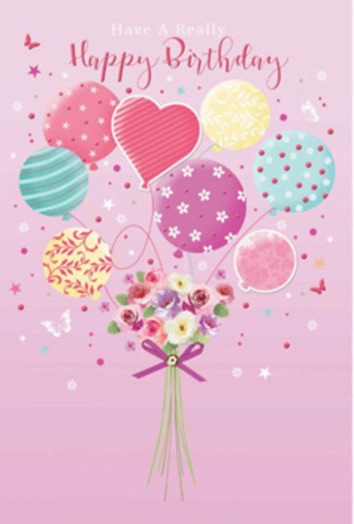 This gently festive birthday card design portrays a cluster of pastel balloons lifting a delicate bouquet of flowers, as though a small party were drifting above the tree-lined paths of Virginia Water. The background is washed in a soft, even pink, reminiscent of a calm sky just before dusk, giving the image a tranquil warmth. In the centre, a group of round balloons floats upward in coordinated pastel shades: tender blush pink, cool mint, soft teal, buttery yellow, and lilac. Their surfaces are decorated with whimsical details-spiralling stripes, dotted patterns, and tiny floral accents that playfully nod to a spring garden. A plump heart-shaped balloon, deeper in tone, nestles among them and subtly becomes the emotional focus, suggesting someone very dear is being celebrated. From this airborne bouquet, fine strings trail down to a small hand-tied posy of roses and daisy-like flowers. Their petals are shaded from creamy white through blush to gentle rose, appearing lush and velvety, like flowers freshly arranged that morning in a Virginia Water florist studio. The stems are gathered with a purple satin bow, its loops rounded and its ribbon tails gracefully curling, capturing the careful finishing touches of an expert florist. Around the main composition, tiny star and butterfly motifs hover lightly, hinting at motion and adding an enchanting, almost storybook quality. The overall mood is light, joyful, and affectionate, echoing the calm yet celebratory feeling of a birthday picnic or family gathering near the lake-simple, heartfelt, and beautifully remembered.