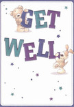 Playful energy and heartfelt warmth radiate from this illustrated get well card, inspired by the tranquil yet lively character of Virginia Water. Two adorable figures-a plush teddy bear and a floppy-eared puppy-take centre stage, joyfully balancing the big, colourful letters that spell out 'Get Well.' The typography glows with deep indigos and soothing teals, tones often glimpsed in the gardens and woodlands that frame this local landscape. Scattered starlight flickers across the soft white background, vivid in blues and violets, suggesting hope blossoming in a friend's convalescence. Both the bear and the puppy are depicted in exquisite, tactile detail-the bear's coat inviting touch, the puppy's ears suggesting a gentle nuzzle-all illustrated with the kind of thoughtful care given to hand-tied bouquets for neighbours near Cabrera Avenue or by the lake. More than a simple greeting, this card is a vessel for emotional uplift, crafted in a spirit of genuine comfort and local affection. Sending it is like sharing a springtime walk along the water's edge-fresh, heartening, and sure to lift anyone's spirits.