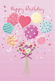 This illustration turns a birthday into a dreamy airborne celebration, with balloons and flowers that feel perfectly at home in the peaceful setting of Virginia Water. The scene is painted against a gentle pink background, smooth and calming, which allows the pastel colours to glow softly. In the centre, a bundle of balloons rises playfully: round shapes in shades of blush, mint, teal, lemon, and lavender, each patterned with its own joyful design-candy stripes curling around the curves, lively polka dots scattered like confetti, and delicate floral motifs nestled in between. Tucked among them, a heart-shaped balloon in deeper pink draws the eye and carries the emotional warmth of a birthday hug. Fine strings drift downward to meet a compact bouquet of roses and anemone-style blooms at the base. The flowers are rendered in creamy ivory, subtle blush, and dusty mauve, their petals delicately layered and soft, resembling real blooms just selected from a Virginia Water flower shop. A violet satin bow neatly ties the stems, its sheen adding a hint of celebration and care, like the final touch placed by Flower Delivery Virginia Water on a special order. Tiny stars and butterfly shapes float around the arrangement, suggesting a light breeze and adding a touch of whimsy. The imagined scent is sweet but gentle, echoing the soft colours and calm mood. Altogether, the artwork conveys a sense of joyful yet relaxed celebration, perfect for sending warm birthday wishes across Virginia Water with grace and charm.