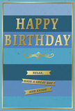This refined birthday card showcases a harmonious blend of blue tones and gold detailing, evoking the poised elegance often found in Virginia Water homes. The main surface is banded with broad, even stripes of blue, each one a slightly different shade: rich navy at the top, then mellow teal, and gradually fading into gentle, pale blue near the bottom edge. The transition is subtle, creating a calming, almost meditative ombre effect. Resting prominently in the centre, the words HAPPY BIRTHDAY are embossed in large gold capitals, each letter crisply defined and raised enough that you can imagine tracing them with a fingertip. The metallic gold reflects the light with a muted shimmer, adding just the right amount of celebratory sparkle. Directly underneath, a graceful golden flourish curves across the card, like a decorative underline that separates the main greeting from the message below. Beneath this flourish, three slender gold banners are arranged in a tidy row, each one carrying a gentle instruction: Relax, have a great day and enjoy! These banners continue the metallic theme, echoing the warm gleam of the text above. A fine gold border lines the perimeter of the card, framing the design and giving it a finished, gallery-like quality. The cardstock appears smooth and substantial, hinting at a pleasant weight when held. Imagined sitting beside a vase of fresh birthday flowers delivered in Virginia Water, this card quietly transforms a simple tabletop into a peaceful corner of celebration and thoughtful good wishes.
